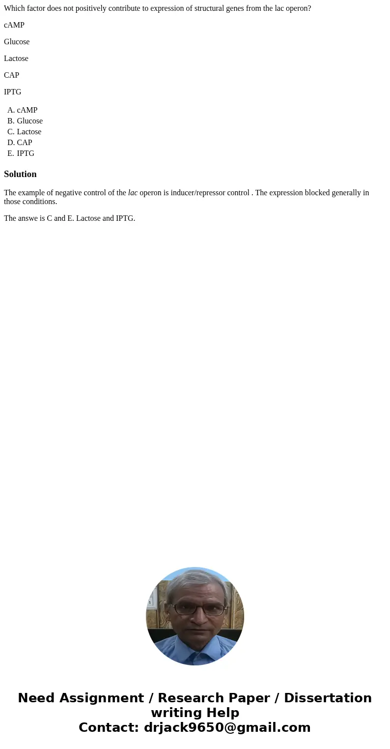 Which factor does not positively contribute to expression of structural genes from the lac operon? cAMP Glucose Lactose CAP IPTG A. cAMP B. Glucose C. Lactose D Which factor does not positively contribute to expression of structural genes from the lac operon? cAMP Glucose Lactose CAP IPTG A. cAMP B. Glucose C. Lactose D