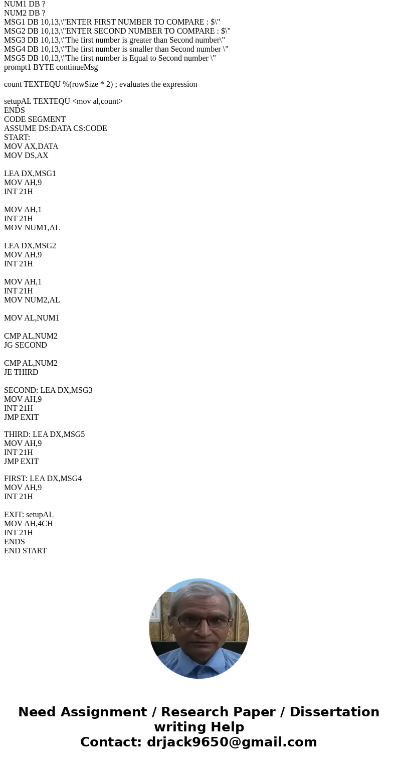 Write an assembly program within a file named compare. asm that takes two single-digit decimal numbers from the user, and compares them to identify whether the  Write an assembly program within a file named compare. asm that takes two single-digit decimal numbers from the user, and compares them to identify whether the