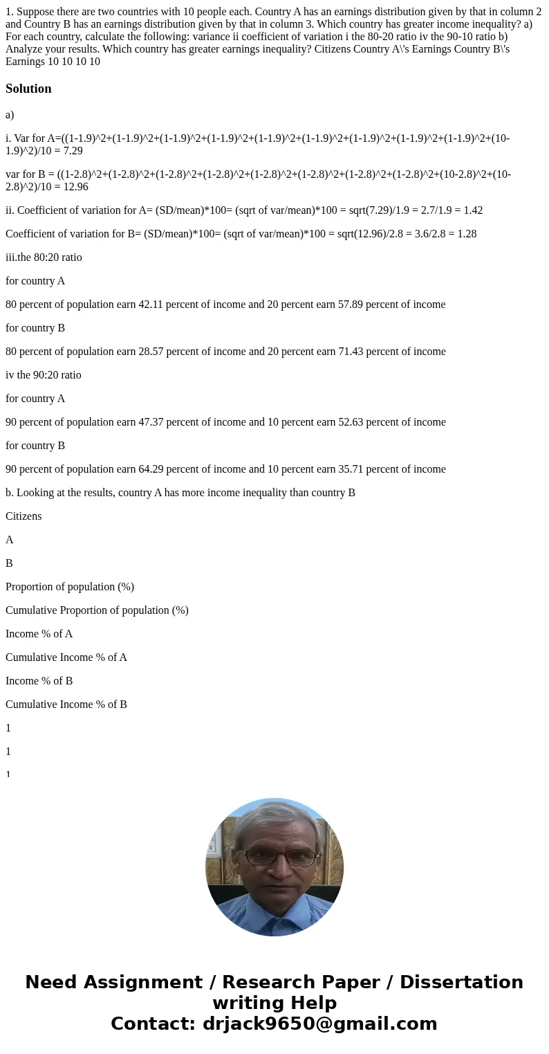 1. Suppose there are two countries with 10 people each. Country A has an earnings distribution given by that in column 2 and Country B has an earnings distribu  1. Suppose there are two countries with 10 people each. Country A has an earnings distribution given by that in column 2 and Country B has an earnings distribu