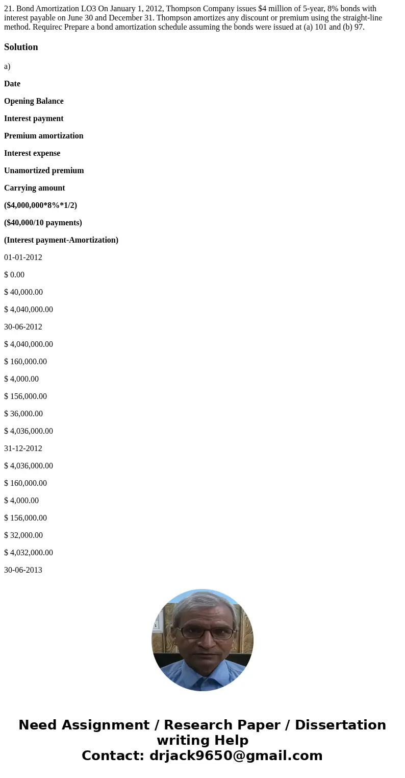  21. Bond Amortization LO3 On January 1, 2012, Thompson Company issues $4 million of 5-year, 8% bonds with interest payable on June 30 and December 31. Thompson