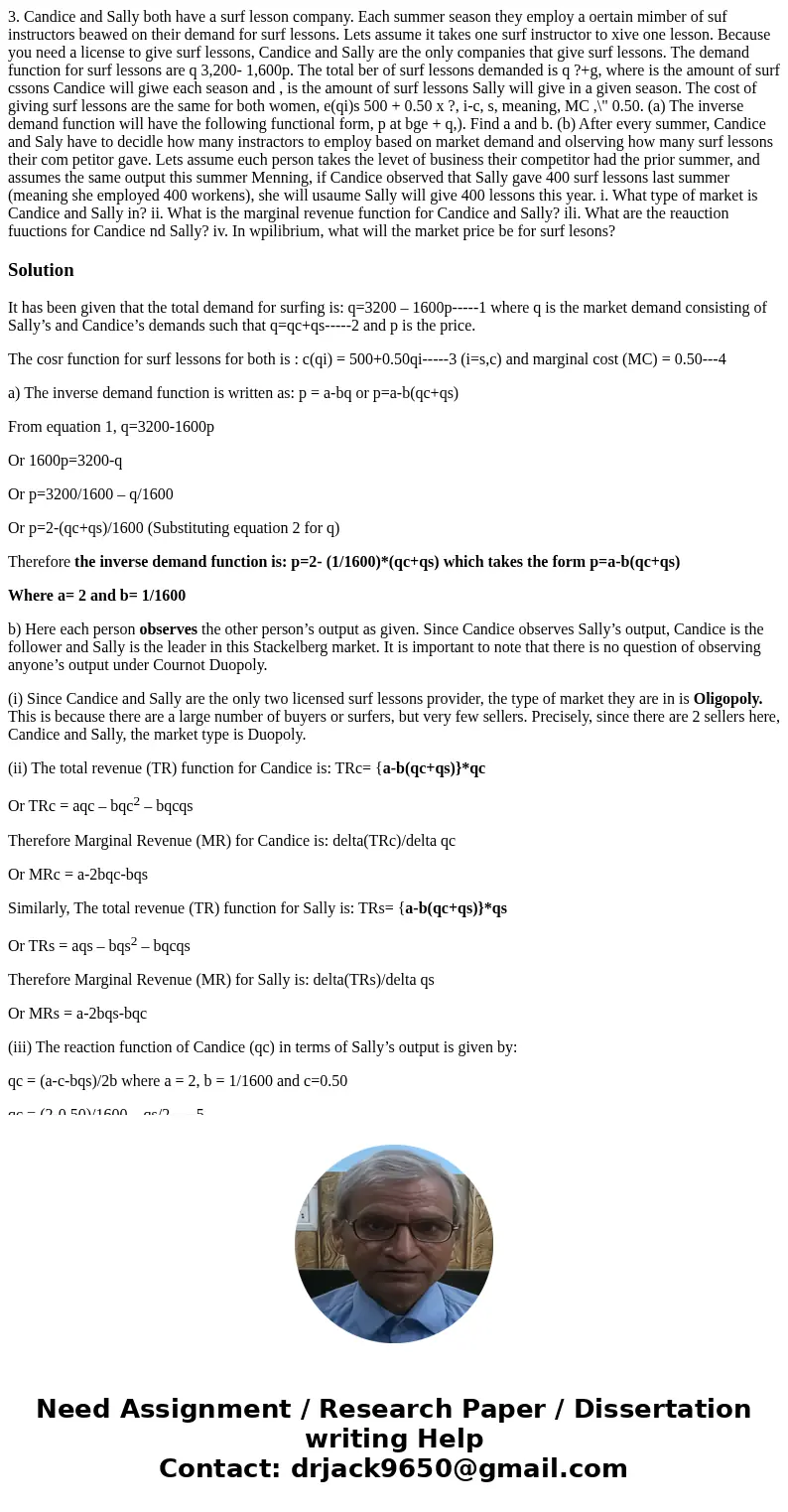 3. Candice and Sally both have a surf lesson company. Each summer season they employ a oertain mimber of suf instructors beawed on their demand for surf lesson  3. Candice and Sally both have a surf lesson company. Each summer season they employ a oertain mimber of suf instructors beawed on their demand for surf lesson