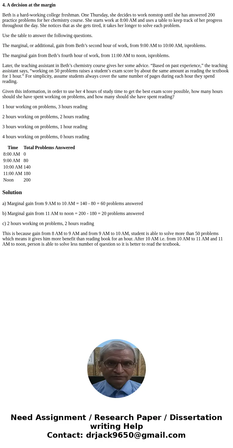 4. A decision at the margin Beth is a hard-working college freshman. One Thursday, she decides to work nonstop until she has answered 200 practice problems for  4. A decision at the margin Beth is a hard-working college freshman. One Thursday, she decides to work nonstop until she has answered 200 practice problems for