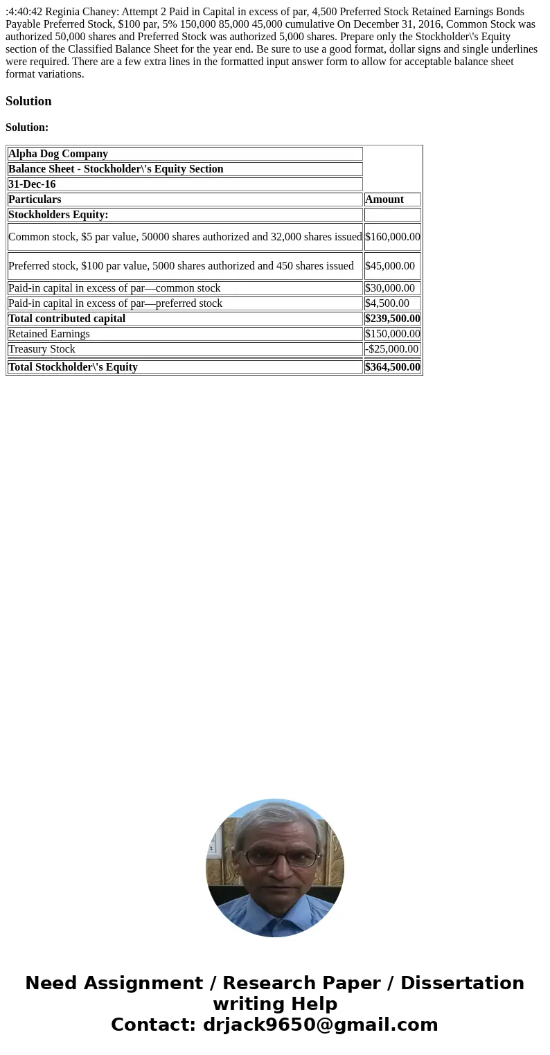  :4:40:42 Reginia Chaney: Attempt 2 Paid in Capital in excess of par, 4,500 Preferred Stock Retained Earnings Bonds Payable Preferred Stock, $100 par, 5% 150,00