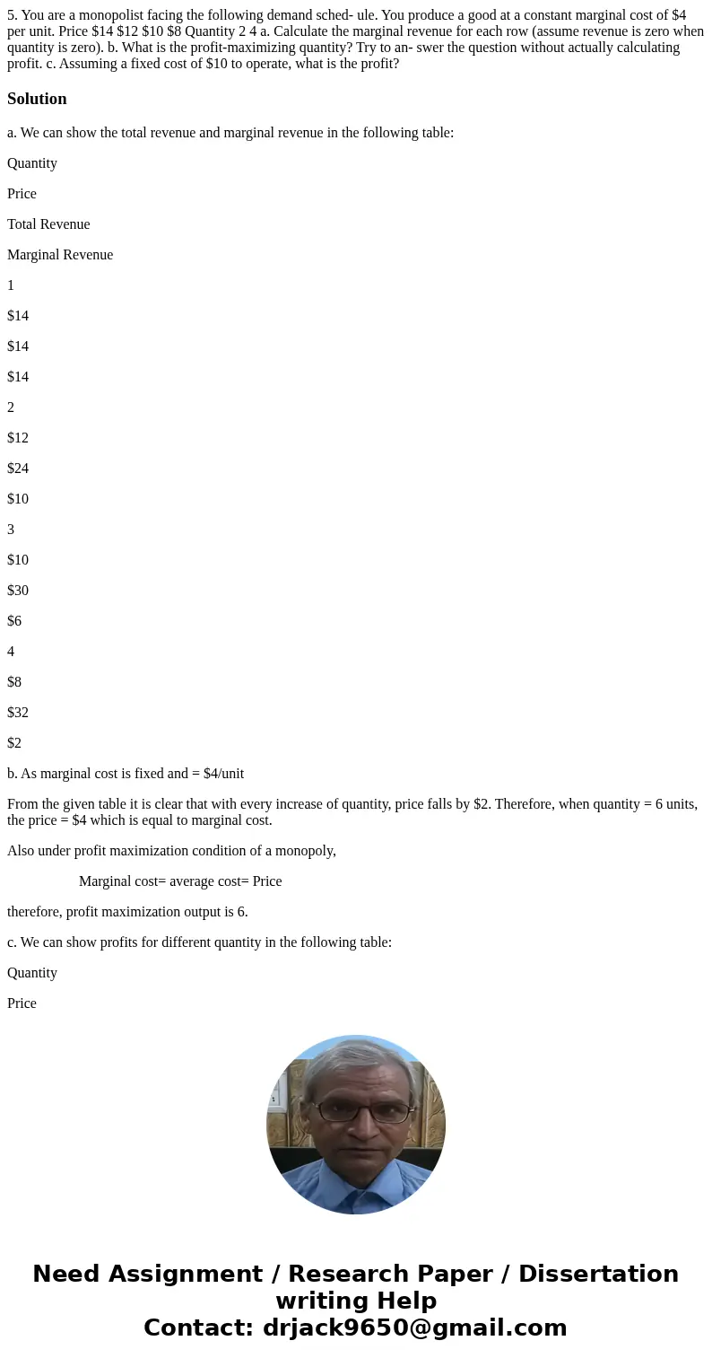 5. You are a monopolist facing the following demand sched- ule. You produce a good at a constant marginal cost of $4 per unit. Price $14 $12 $10 $8 Quantity 2   5. You are a monopolist facing the following demand sched- ule. You produce a good at a constant marginal cost of $4 per unit. Price $14 $12 $10 $8 Quantity 2