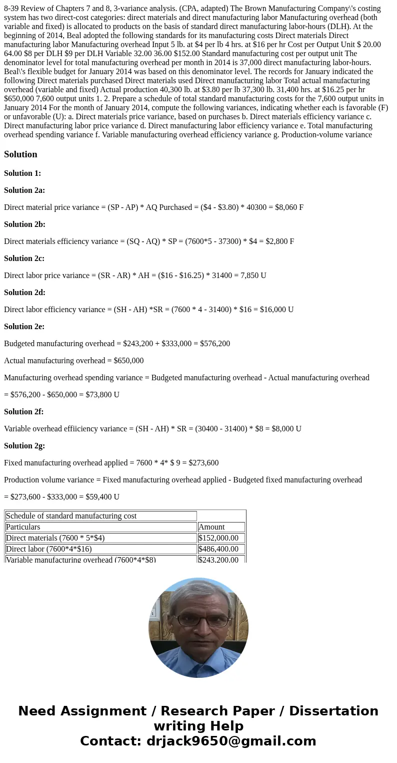  8-39 Review of Chapters 7 and 8, 3-variance analysis. (CPA, adapted) The Brown Manufacturing Company\'s costing system has two direct-cost categories: direct m