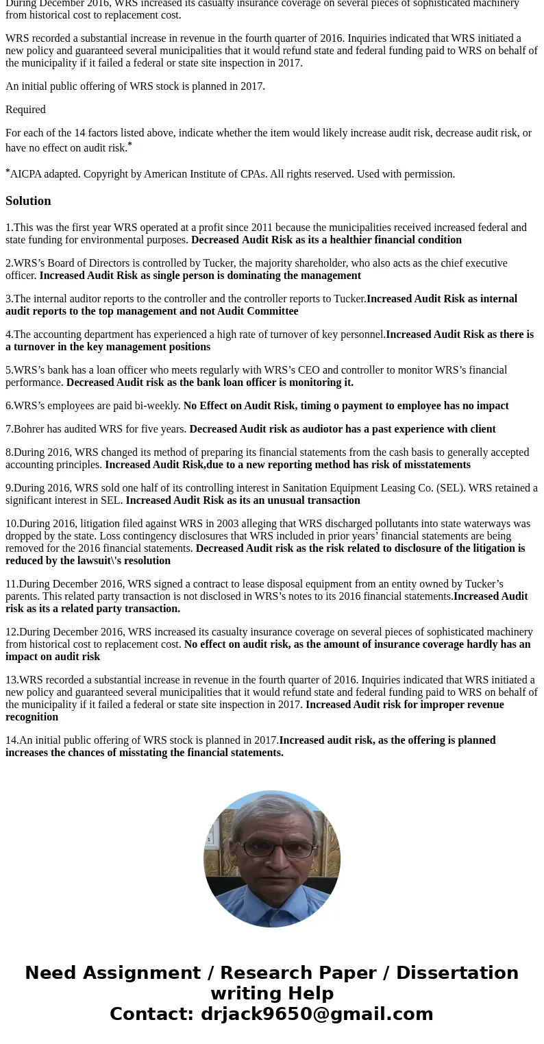 9-33 (Objective 9-6 ) Bohrer, CPA, is considering the following factors in assessing audit risk at the financial statement level in planning the audit of Waste  9-33 (Objective 9-6 ) Bohrer, CPA, is considering the following factors in assessing audit risk at the financial statement level in planning the audit of Waste