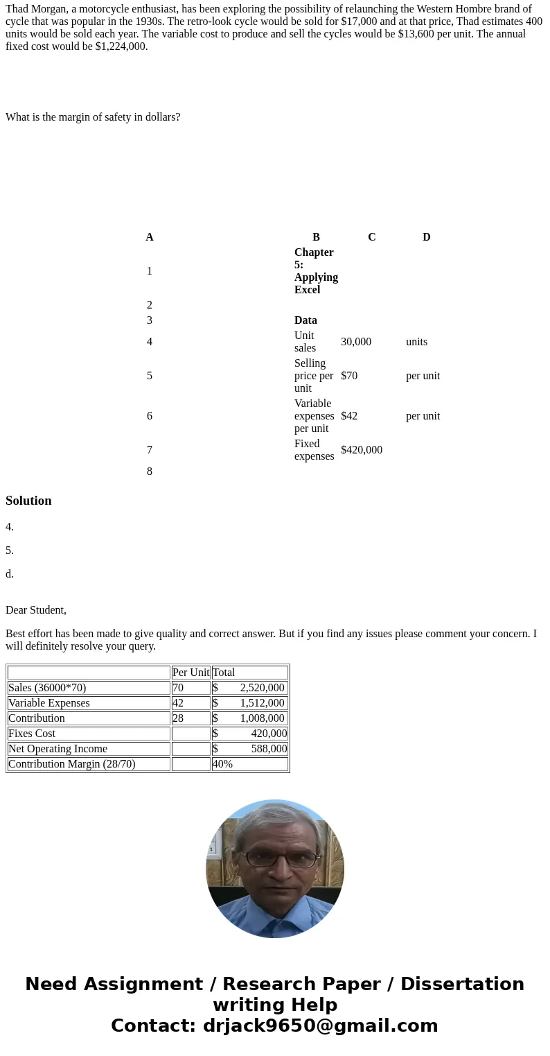 A B C D If your formulas are correct, you should get the correct answers to the following questions. What is the margin of safety percentage? What is the degree
