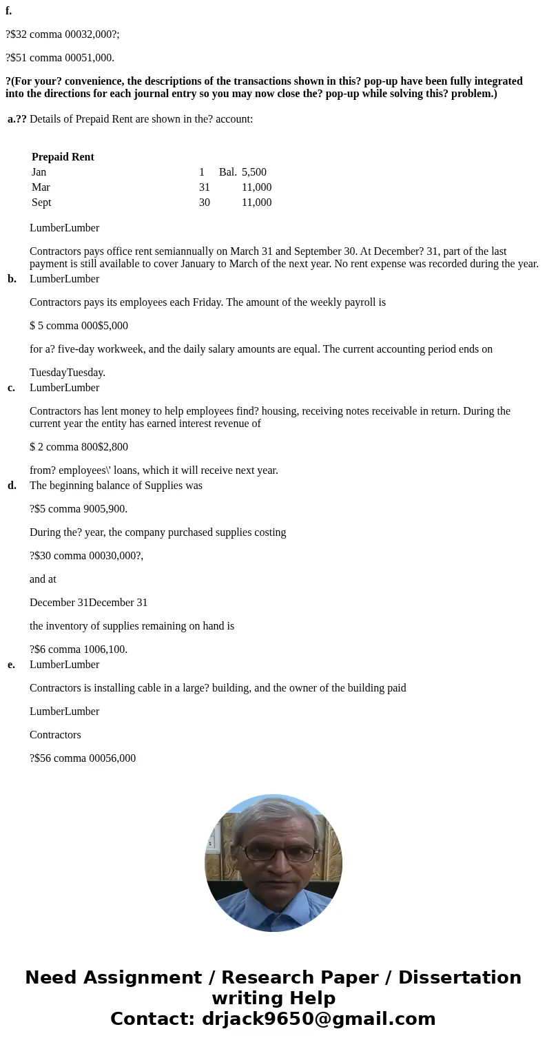 a.?? Details of Prepaid Rent are shown in the? account: Prepaid Rent Jan 1 Bal. 5,500 Mar 31 11,000 Sept 30 11,000 LumberLumber b. LumberLumber $ 5 comma 000$5,