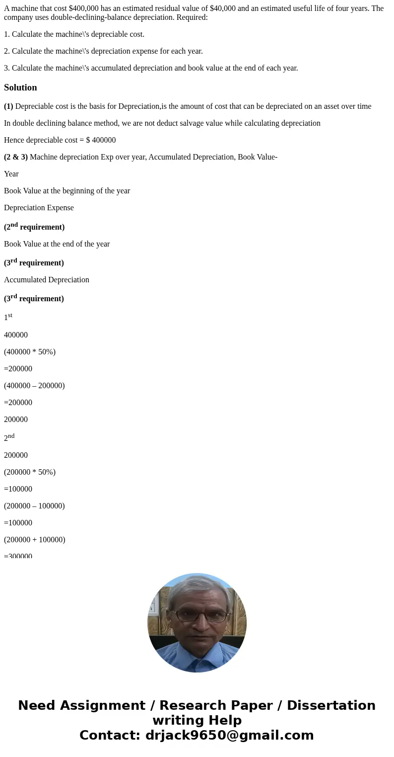 A machine that cost $400,000 has an estimated residual value of $40,000 and an estimated useful life of four years. The company uses double-declining-balance de A machine that cost $400,000 has an estimated residual value of $40,000 and an estimated useful life of four years. The company uses double-declining-balance de
