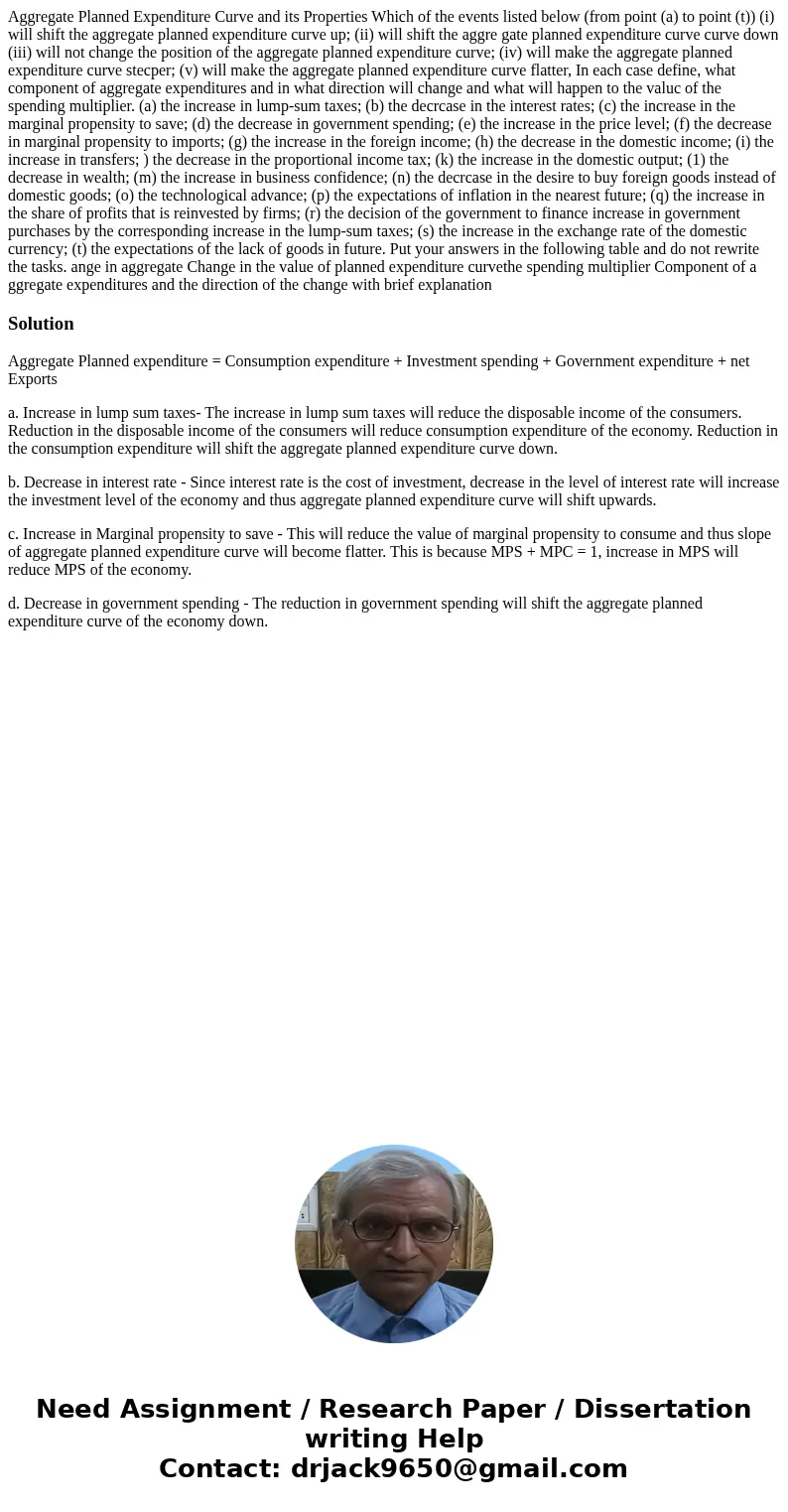  Aggregate Planned Expenditure Curve and its Properties Which of the events listed below (from point (a) to point (t)) (i) will shift the aggregate planned expe