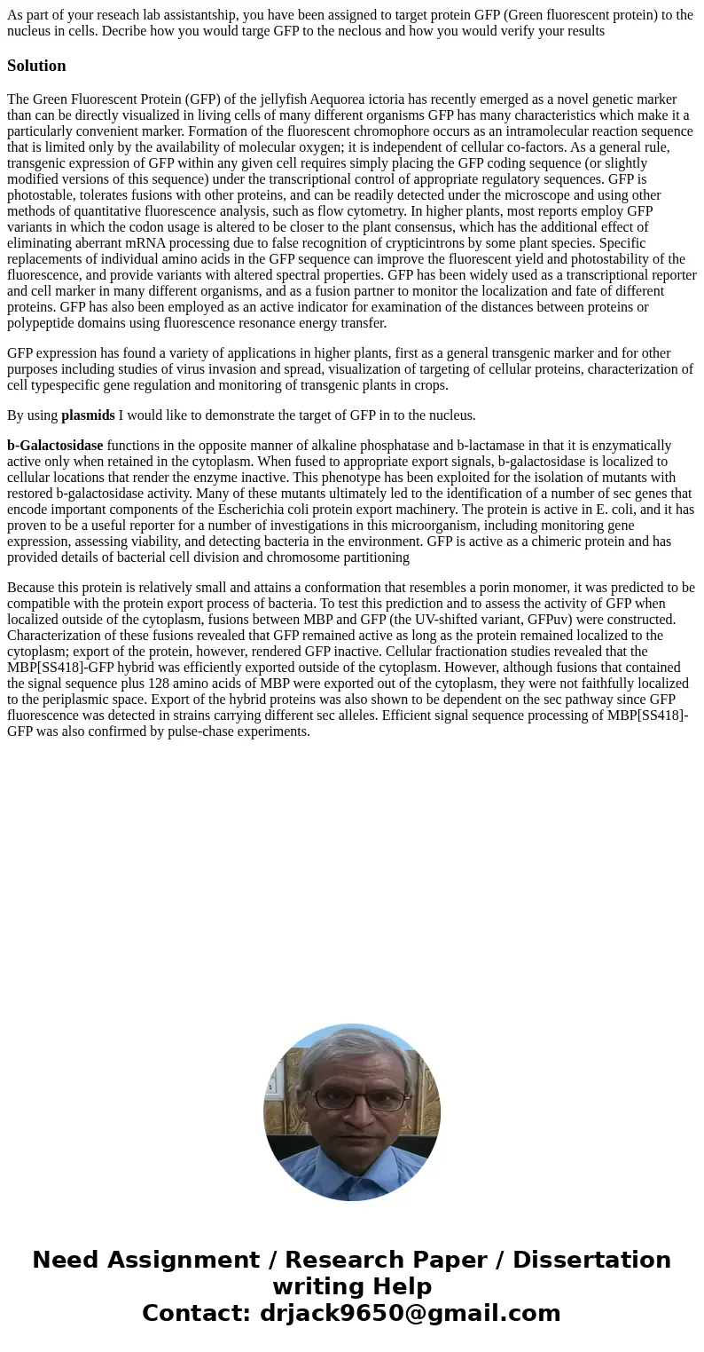 As part of your reseach lab assistantship, you have been assigned to target protein GFP (Green fluorescent protein) to the nucleus in cells. Decribe how you wou As part of your reseach lab assistantship, you have been assigned to target protein GFP (Green fluorescent protein) to the nucleus in cells. Decribe how you wou