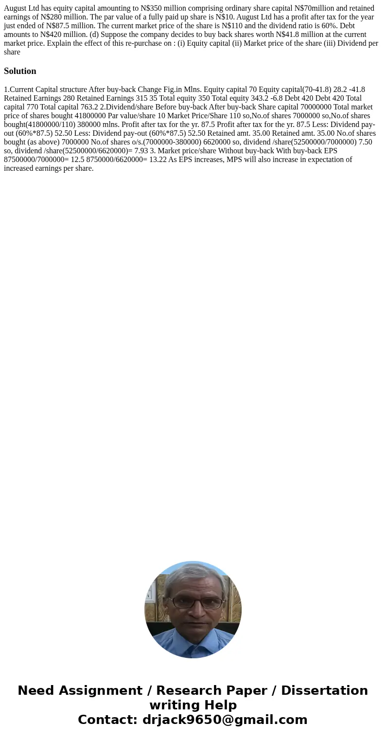 August Ltd has equity capital amounting to N$350 million comprising ordinary share capital N$70million and retained earnings of N$280 million. The par value of  August Ltd has equity capital amounting to N$350 million comprising ordinary share capital N$70million and retained earnings of N$280 million. The par value of