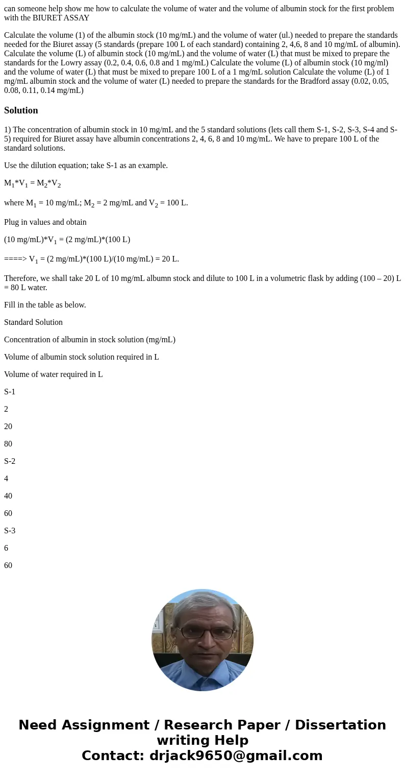 can someone help show me how to calculate the volume of water and the volume of albumin stock for the first problem with the BIURET ASSAY Calculate the volume ( can someone help show me how to calculate the volume of water and the volume of albumin stock for the first problem with the BIURET ASSAY Calculate the volume (