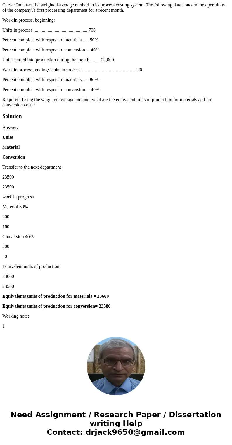 Carver Inc. uses the weighted-average method in its process costing system. The following data concern the operations of the company\'s first processing departm