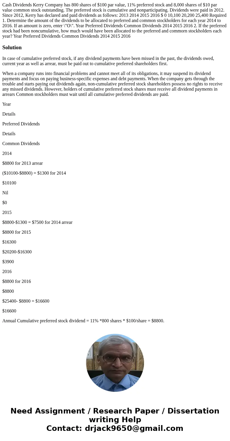 Cash Dividends Kerry Company has 800 shares of $100 par value, 11% preferred stock and 8,000 shares of $10 par value common stock outstanding. The preferred st  Cash Dividends Kerry Company has 800 shares of $100 par value, 11% preferred stock and 8,000 shares of $10 par value common stock outstanding. The preferred st