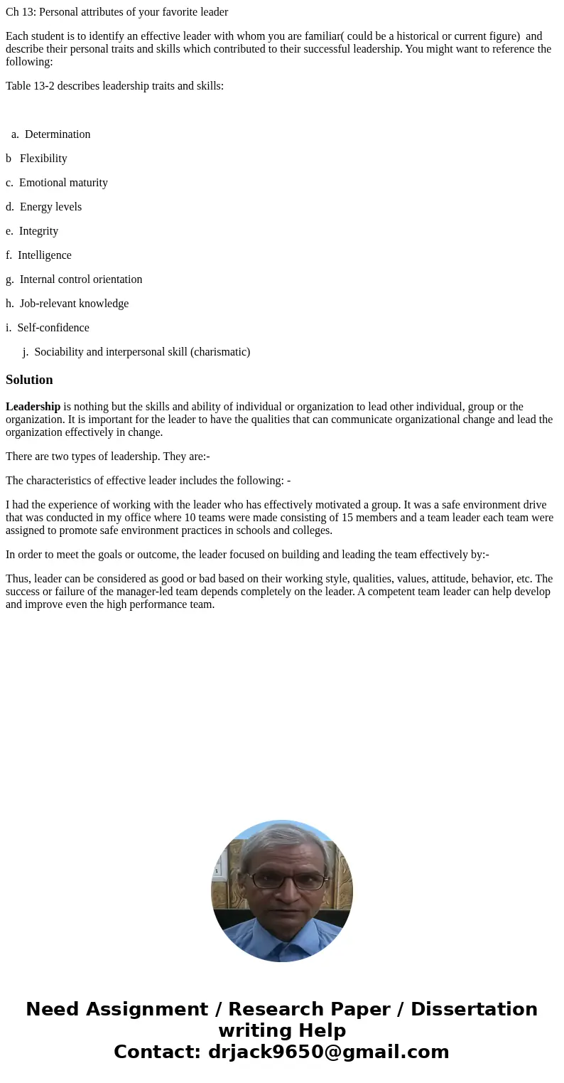 Ch 13: Personal attributes of your favorite leader Each student is to identify an effective leader with whom you are familiar( could be a historical or current  Ch 13: Personal attributes of your favorite leader Each student is to identify an effective leader with whom you are familiar( could be a historical or current
