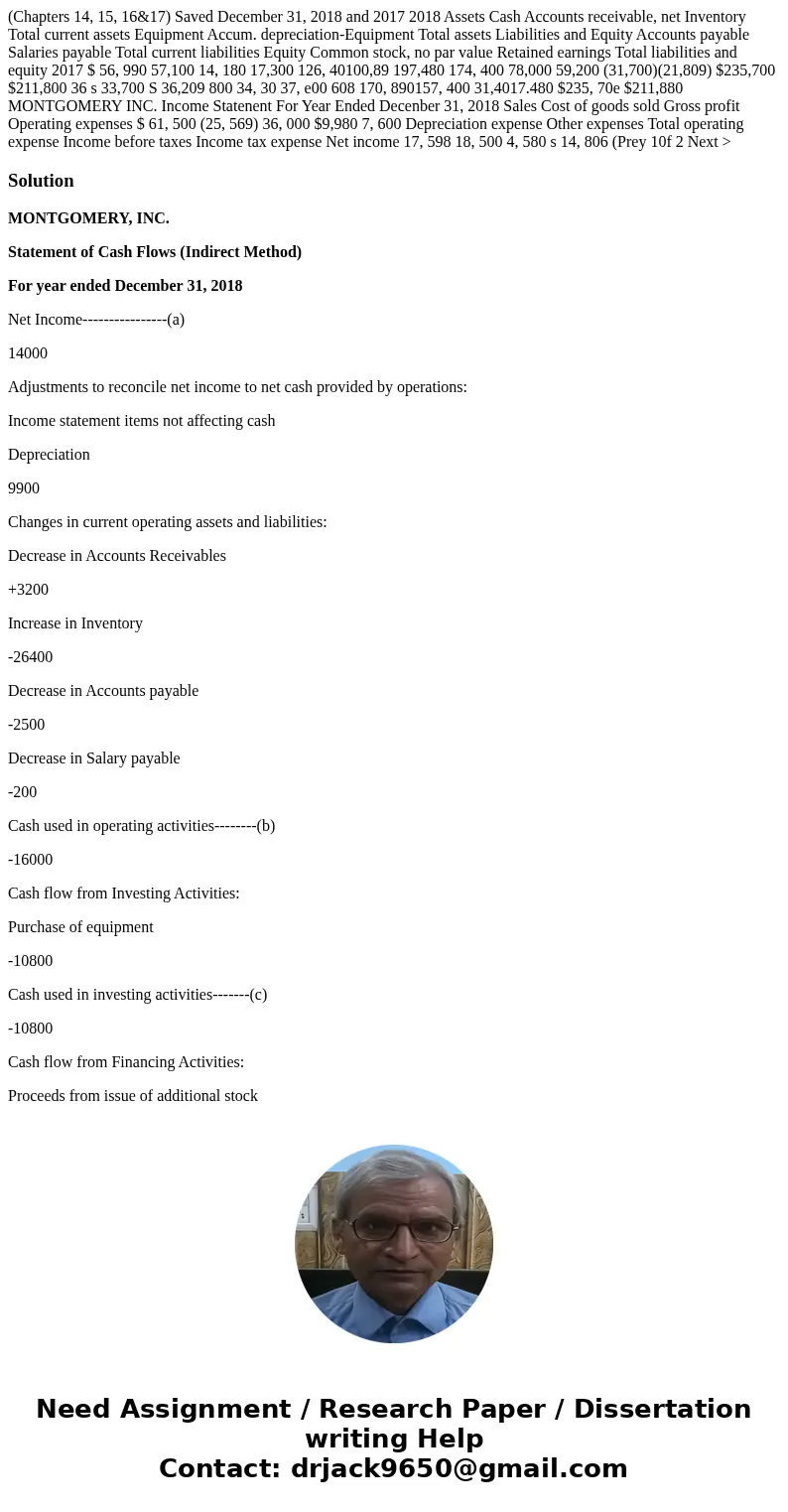  (Chapters 14, 15, 16&17) Saved December 31, 2018 and 2017 2018 Assets Cash Accounts receivable, net Inventory Total current assets Equipment Accum. depreci