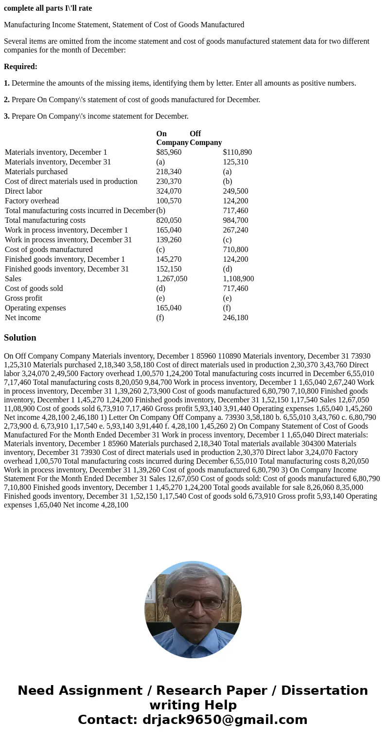 complete all parts I\'ll rate Manufacturing Income Statement, Statement of Cost of Goods Manufactured Several items are omitted from the income statement and co