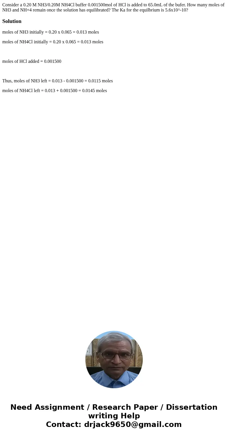 Consider a 0.20 M NH3/0.20M NH4Cl buffer 0.001500mol of HCl is added to 65.0mL of the bufer. How many moles of NH3 and NH+4 remain once the solution has equilib Consider a 0.20 M NH3/0.20M NH4Cl buffer 0.001500mol of HCl is added to 65.0mL of the bufer. How many moles of NH3 and NH+4 remain once the solution has equilib