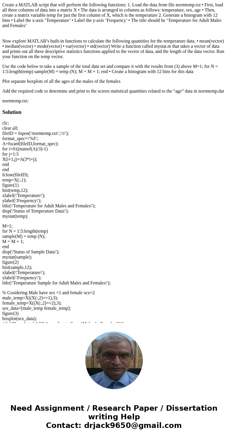Create a MATLAB script that will perform the following functions: 1. Load the data from file normtemp.txt • First, load all three columns of data into a matrix  Create a MATLAB script that will perform the following functions: 1. Load the data from file normtemp.txt • First, load all three columns of data into a matrix