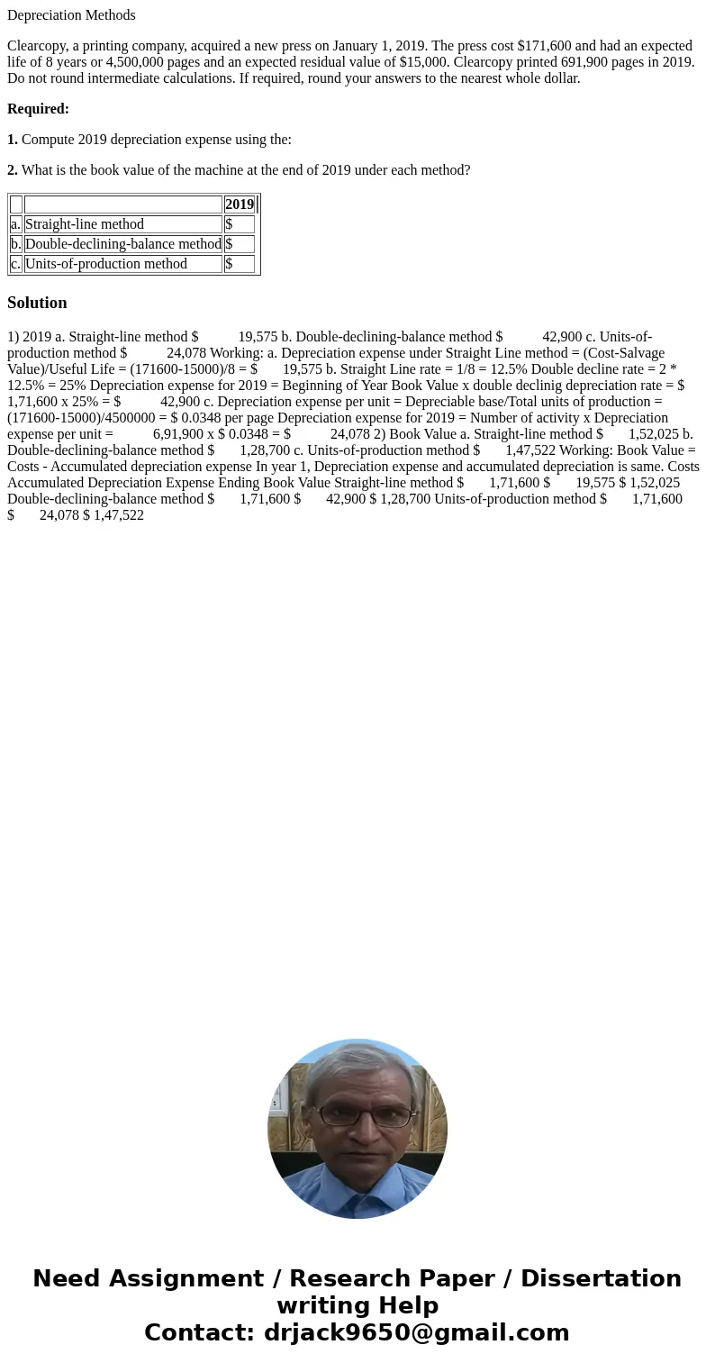 Depreciation Methods Clearcopy, a printing company, acquired a new press on January 1, 2019. The press cost $171,600 and had an expected life of 8 years or 4,50 Depreciation Methods Clearcopy, a printing company, acquired a new press on January 1, 2019. The press cost $171,600 and had an expected life of 8 years or 4,50