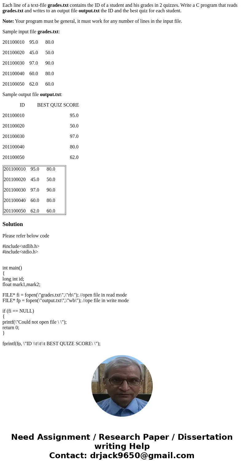 Each line of a text-file grades.txt contains the ID of a student and his grades in 2 quizzes. Write a C program that reads grades.txt and writes to an output fi Each line of a text-file grades.txt contains the ID of a student and his grades in 2 quizzes. Write a C program that reads grades.txt and writes to an output fi