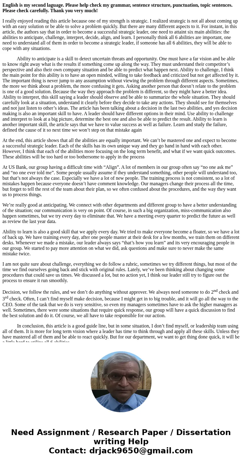 English is my second laguage. Please help check my grammar, sentence structure, punctuation, topic sentences. Please check carefully. Thank you very much! I rea