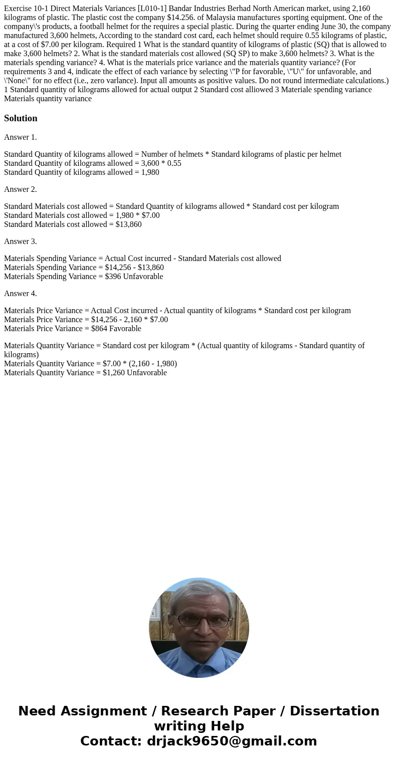  Exercise 10-1 Direct Materials Variances [L010-1] Bandar Industries Berhad North American market, using 2,160 kilograms of plastic. The plastic cost the compan