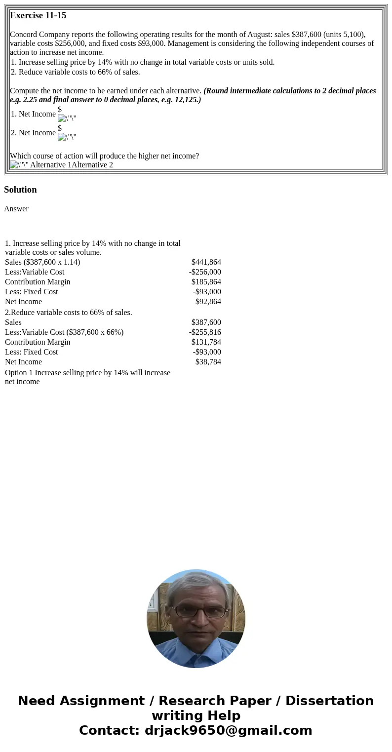  Exercise 11-15 Concord Company reports the following operating results for the month of August: sales $387,600 (units 5,100), variable costs $256,000, and fixe