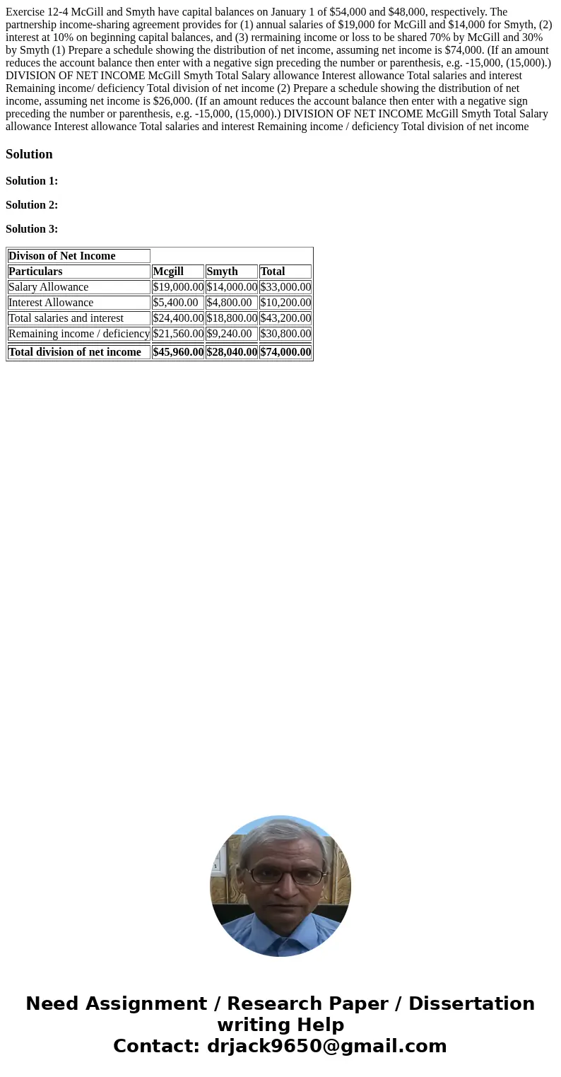  Exercise 12-4 McGill and Smyth have capital balances on January 1 of $54,000 and $48,000, respectively. The partnership income-sharing agreement provides for (