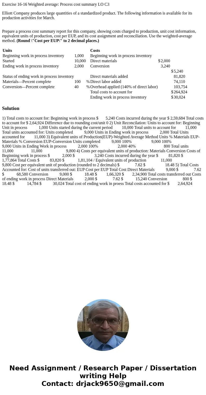 Exercise 16-16 Weighted average: Process cost summary LO C3 Elliott Company produces large quantities of a standardized product. The following information is av