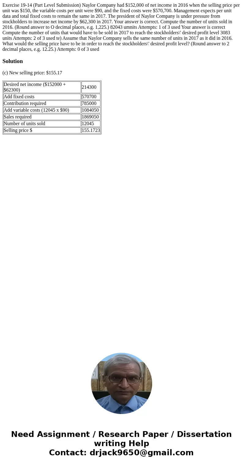 Exercise 19-14 (Part Level Submission) Naylor Company had $152,000 of net income in 2016 when the selling price per unit was $150, the variable costs per unit   Exercise 19-14 (Part Level Submission) Naylor Company had $152,000 of net income in 2016 when the selling price per unit was $150, the variable costs per unit