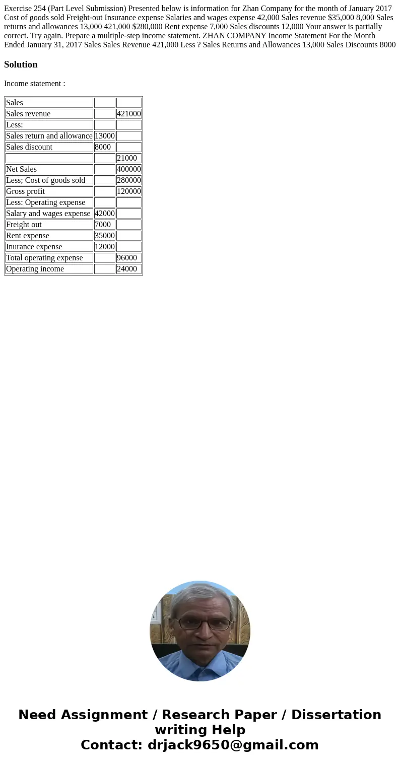 Exercise 254 (Part Level Submission) Presented below is information for Zhan Company for the month of January 2017 Cost of goods sold Freight-out Insurance exp  Exercise 254 (Part Level Submission) Presented below is information for Zhan Company for the month of January 2017 Cost of goods sold Freight-out Insurance exp