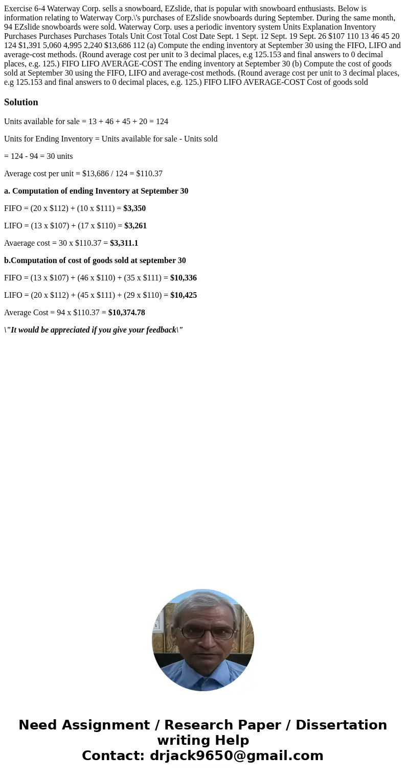 Exercise 6-4 Waterway Corp. sells a snowboard, EZslide, that is popular with snowboard enthusiasts. Below is information relating to Waterway Corp.\'s purchase  Exercise 6-4 Waterway Corp. sells a snowboard, EZslide, that is popular with snowboard enthusiasts. Below is information relating to Waterway Corp.\'s purchase