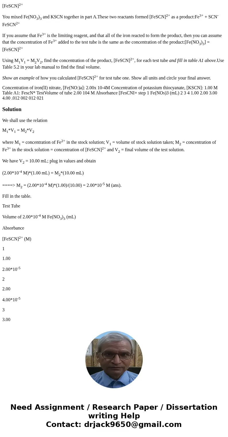 [FeSCN]2+ You mixed Fe(NO3)3 and KSCN together in part A.These two reactants formed [FeSCN]2+ as a product:Fe3+ + SCN- FeSCN2+ If you assume that Fe3+ is the li