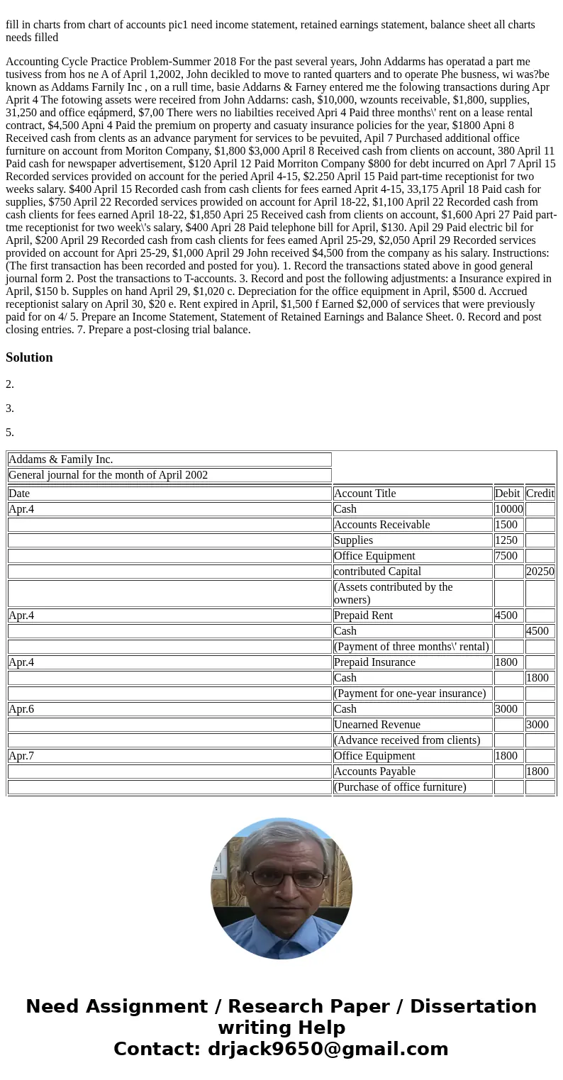  fill in charts from chart of accounts pic1 need income statement, retained earnings statement, balance sheet all charts needs filled Accounting Cycle Practice 
