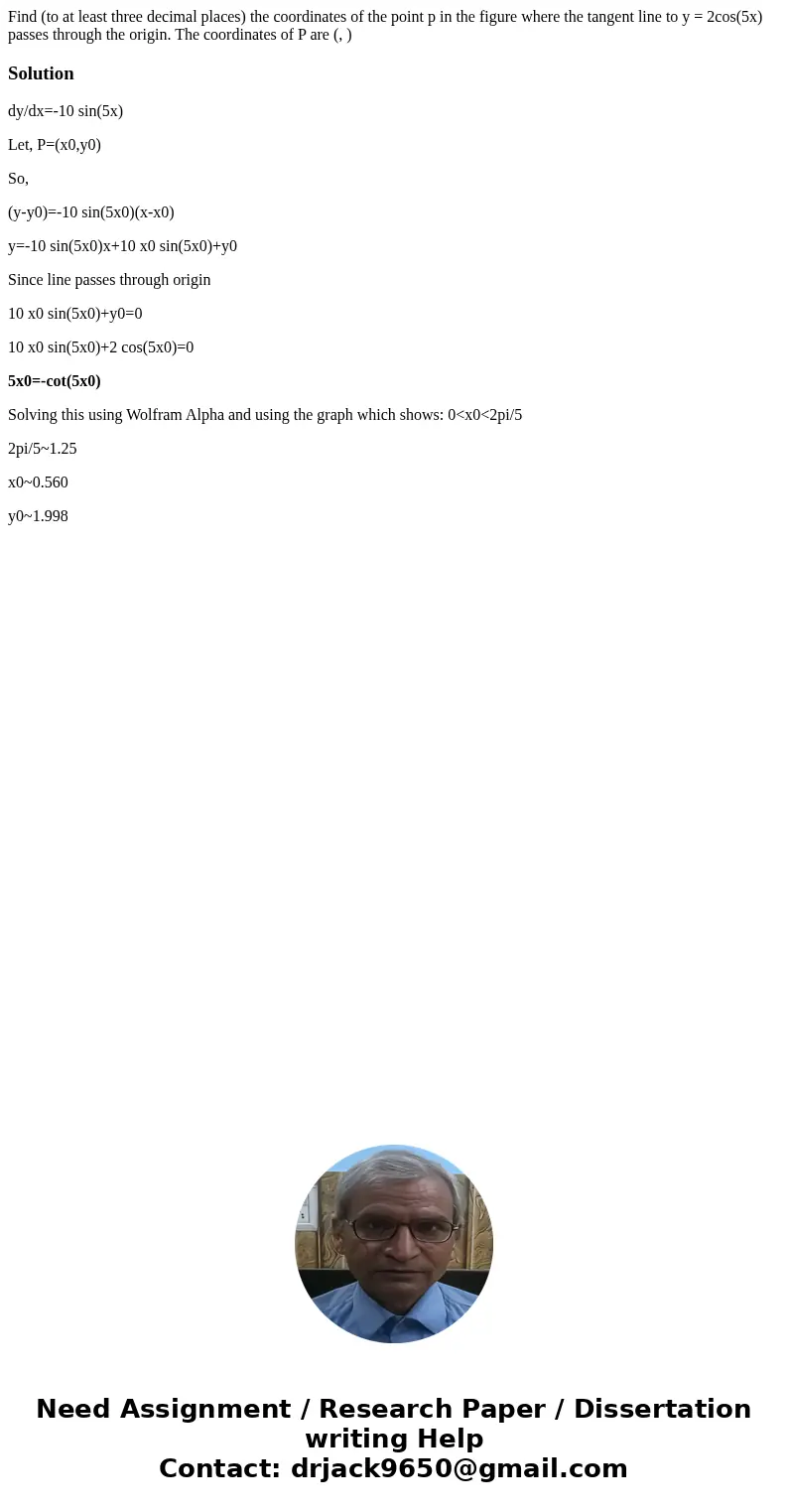 Find (to at least three decimal places) the coordinates of the point p in the figure where the tangent line to y = 2cos(5x) passes through the origin. The coor  Find (to at least three decimal places) the coordinates of the point p in the figure where the tangent line to y = 2cos(5x) passes through the origin. The coor