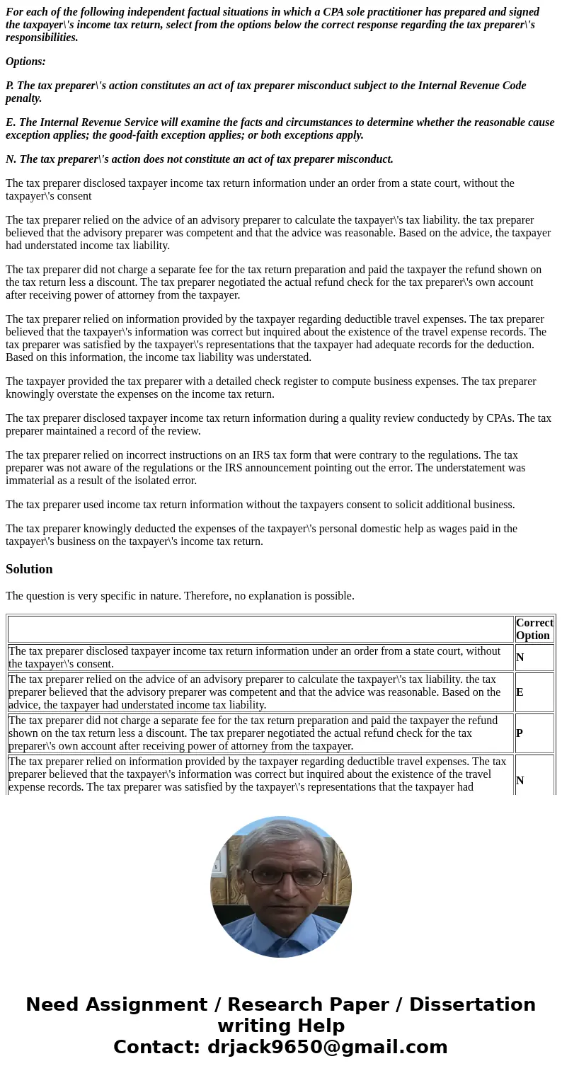 For each of the following independent factual situations in which a CPA sole practitioner has prepared and signed the taxpayer\'s income tax return, select from For each of the following independent factual situations in which a CPA sole practitioner has prepared and signed the taxpayer\'s income tax return, select from