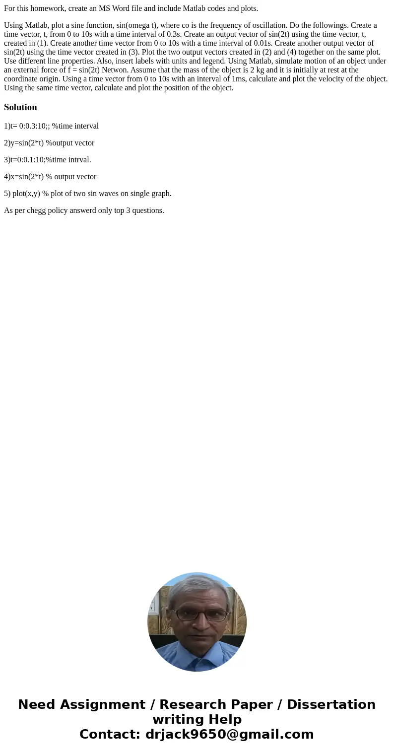 For this homework, create an MS Word file and include Matlab codes and plots. Using Matlab, plot a sine function, sin(omega t), where co is the frequency of osc For this homework, create an MS Word file and include Matlab codes and plots. Using Matlab, plot a sine function, sin(omega t), where co is the frequency of osc