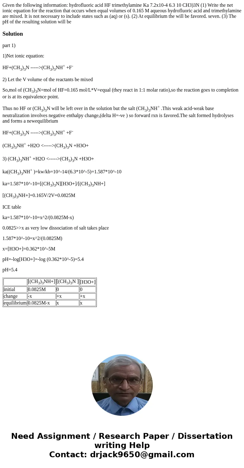 Given the following information: hydrofluoric acid HF trimethylamine Ka 7.2x10-4 6.3 10 CH3)3N (1) Write the net ionic equation for the reaction that occurs wh  Given the following information: hydrofluoric acid HF trimethylamine Ka 7.2x10-4 6.3 10 CH3)3N (1) Write the net ionic equation for the reaction that occurs wh