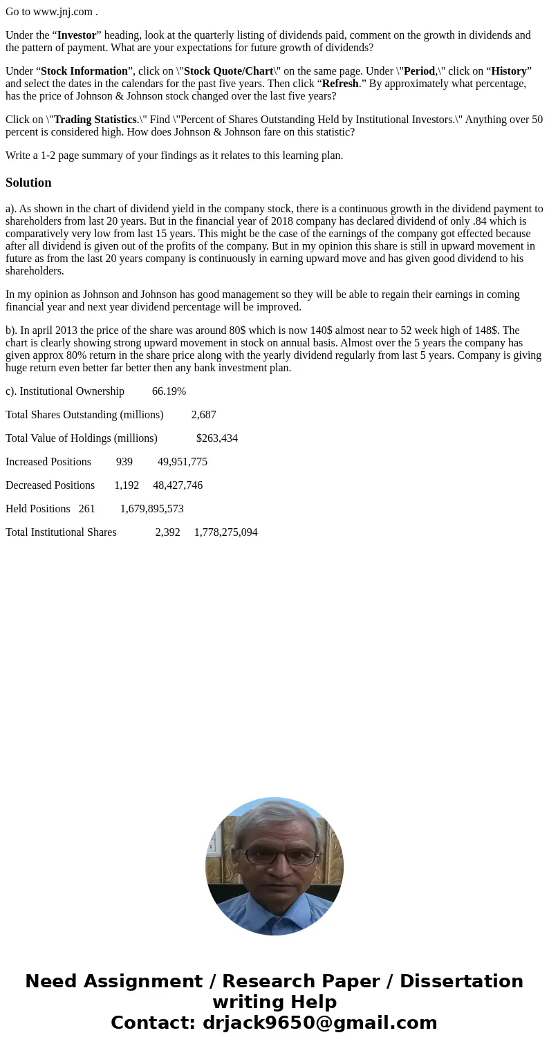 Go to www.jnj.com . Under the “Investor” heading, look at the quarterly listing of dividends paid, comment on the growth in dividends and the pattern of payment Go to www.jnj.com . Under the “Investor” heading, look at the quarterly listing of dividends paid, comment on the growth in dividends and the pattern of payment