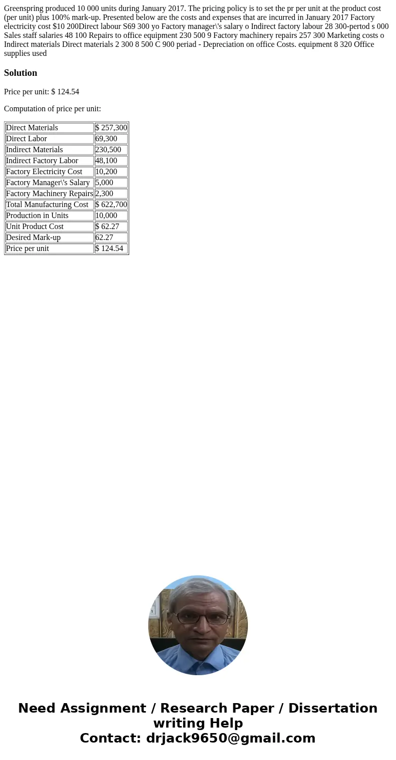 Greenspring produced 10 000 units during January 2017. The pricing policy is to set the pr per unit at the product cost (per unit) plus 100% mark-up. Presented  Greenspring produced 10 000 units during January 2017. The pricing policy is to set the pr per unit at the product cost (per unit) plus 100% mark-up. Presented