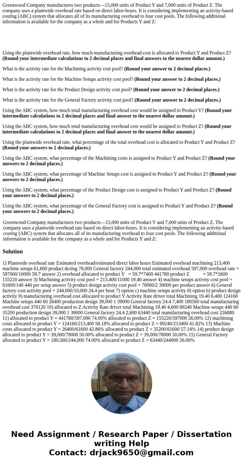 Greenwood Company manufactures two products—15,000 units of Product Y and 7,000 units of Product Z. The company uses a plantwide overhead rate based on direct l Greenwood Company manufactures two products—15,000 units of Product Y and 7,000 units of Product Z. The company uses a plantwide overhead rate based on direct l