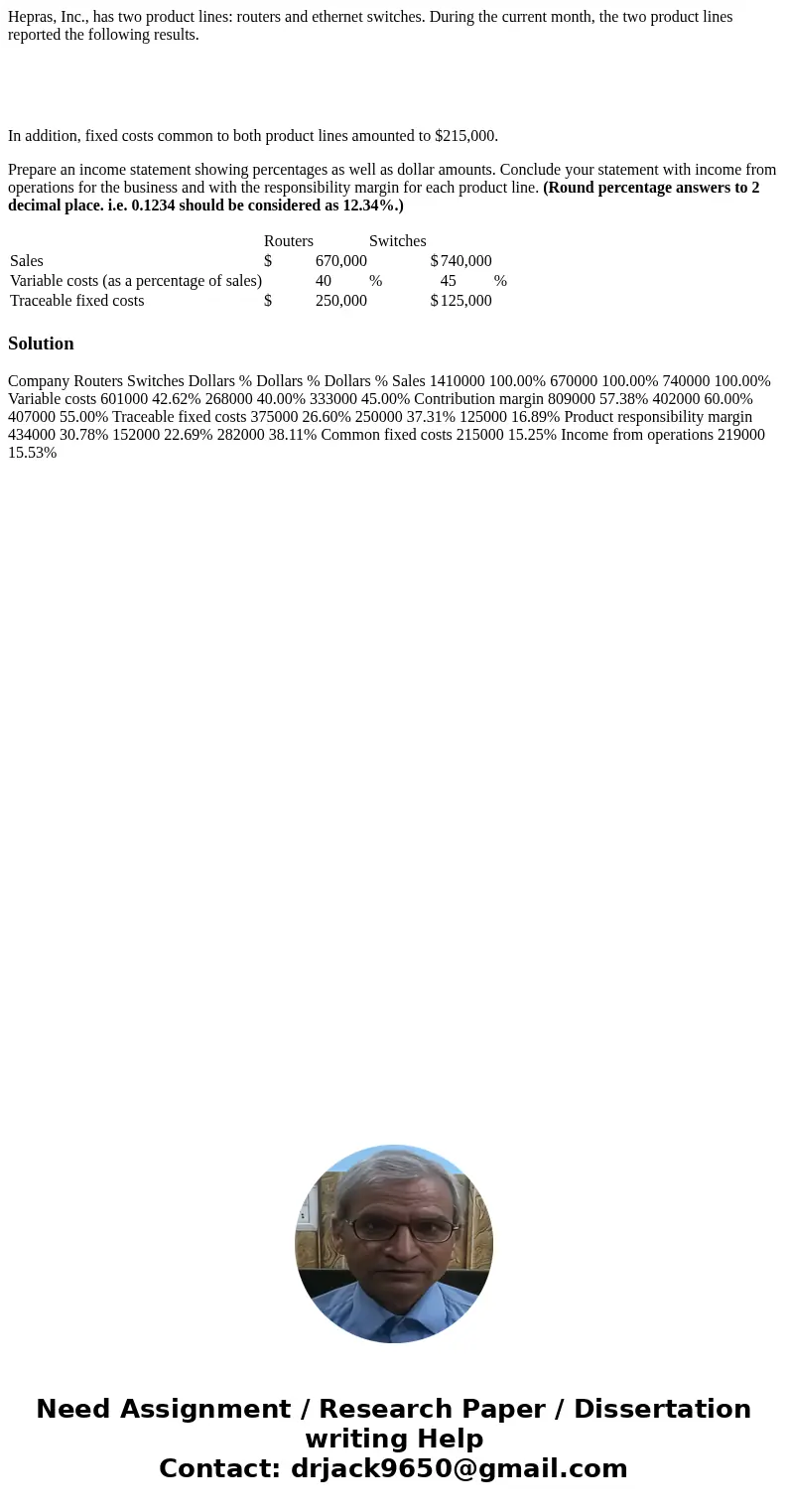 Hepras, Inc., has two product lines: routers and ethernet switches. During the current month, the two product lines reported the following results. In addition,