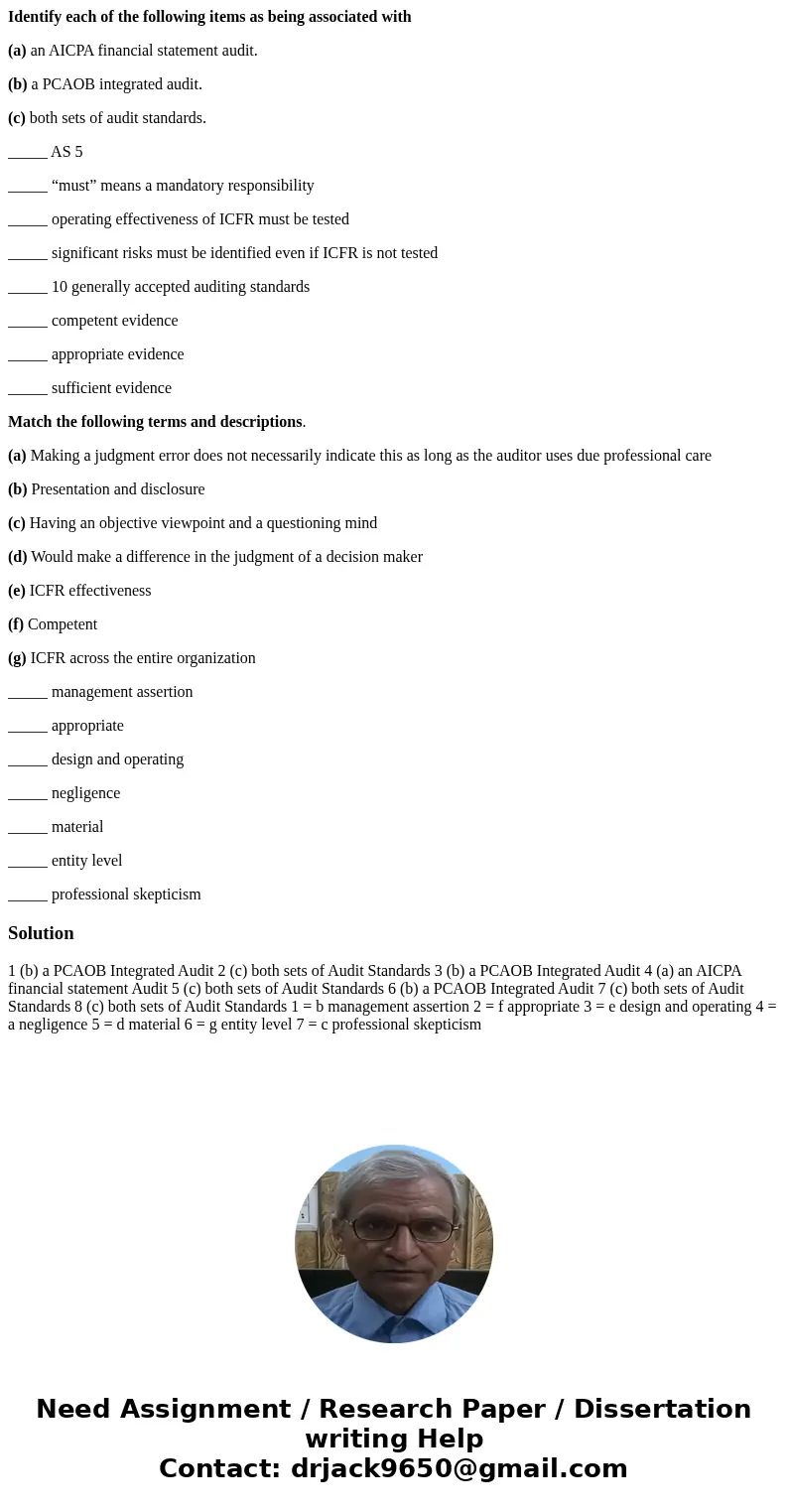 Identify each of the following items as being associated with (a) an AICPA financial statement audit. (b) a PCAOB integrated audit. (c) both sets of audit stand Identify each of the following items as being associated with (a) an AICPA financial statement audit. (b) a PCAOB integrated audit. (c) both sets of audit stand