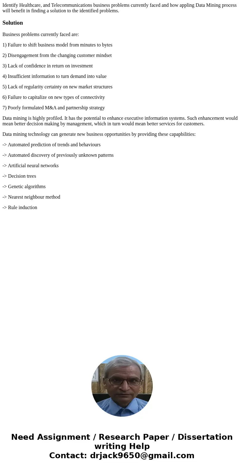Identify Healthcare, and Telecommunications business problems currently faced and how appling Data Mining process will benefit in finding a solution to the iden Identify Healthcare, and Telecommunications business problems currently faced and how appling Data Mining process will benefit in finding a solution to the iden