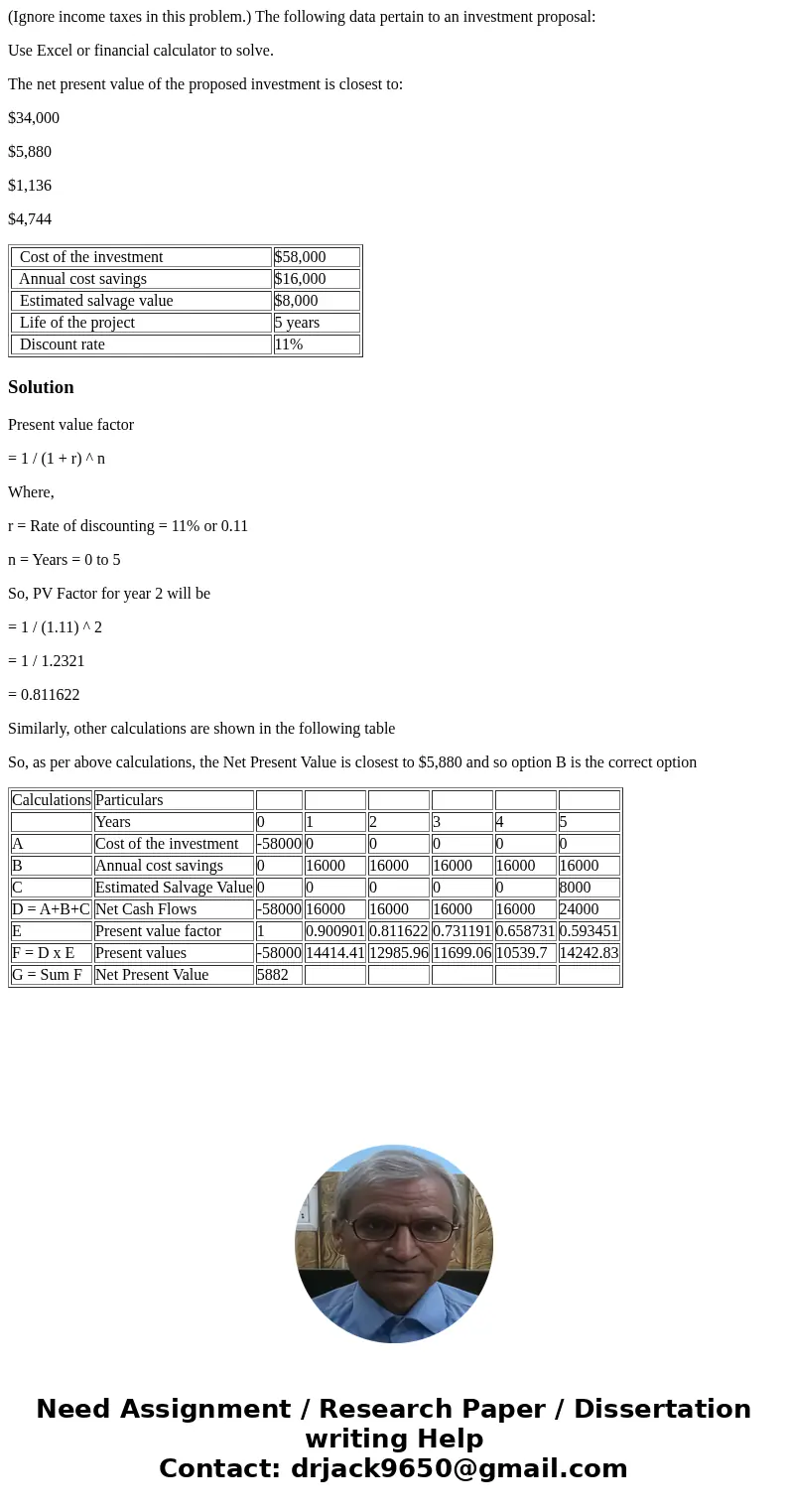 (Ignore income taxes in this problem.) The following data pertain to an investment proposal: Use Excel or financial calculator to solve. The net present value o (Ignore income taxes in this problem.) The following data pertain to an investment proposal: Use Excel or financial calculator to solve. The net present value o