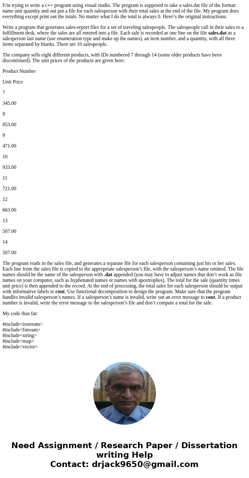 I\'m trying to write a c++ program using visual studio. The program is supposed to take a sales.dat file of the format: name unit quantity and out put a file fo I\'m trying to write a c++ program using visual studio. The program is supposed to take a sales.dat file of the format: name unit quantity and out put a file fo