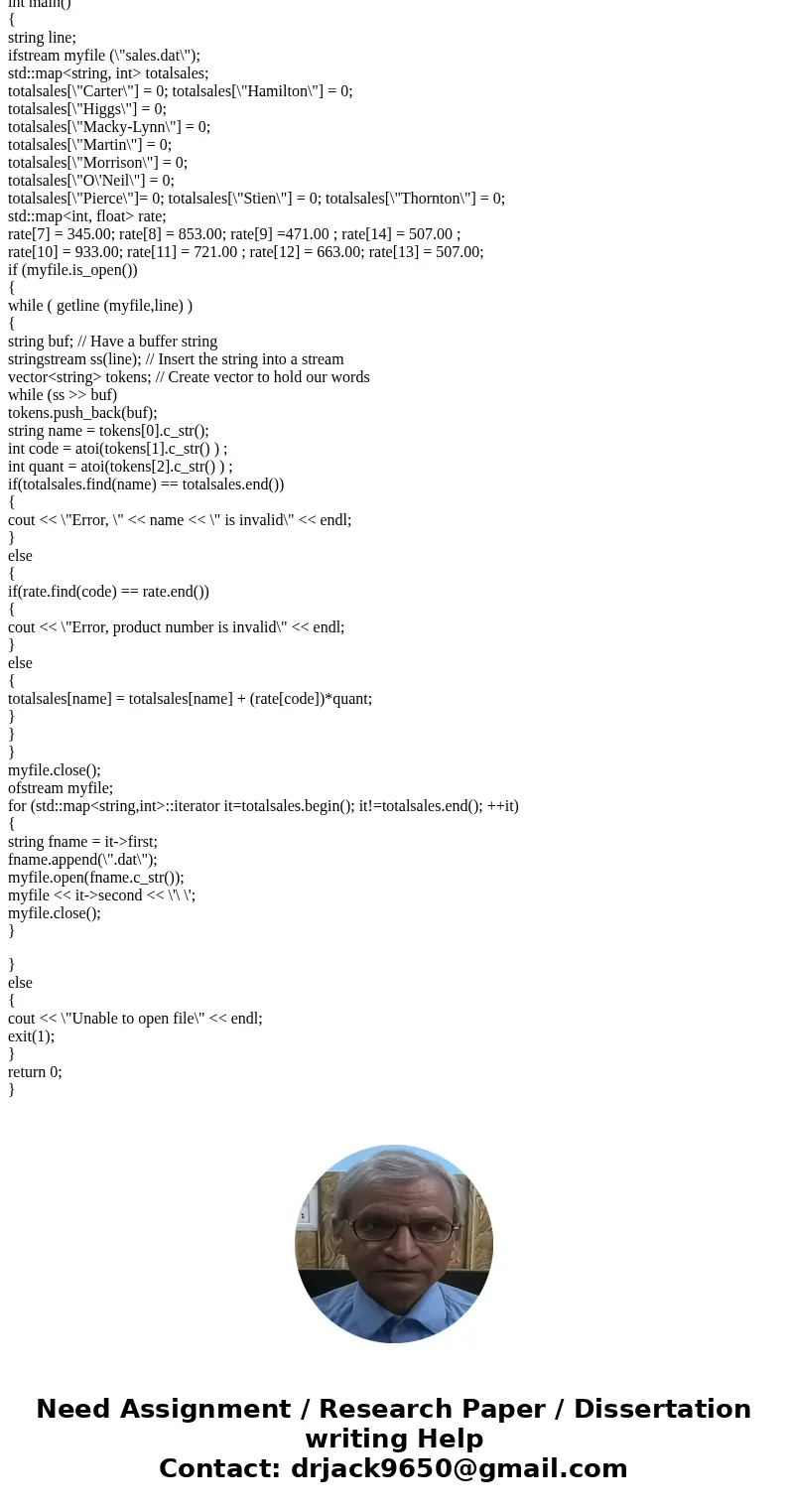 I\'m trying to write a c++ program using visual studio. The program is supposed to take a sales.dat file of the format: name unit quantity and out put a file fo I\'m trying to write a c++ program using visual studio. The program is supposed to take a sales.dat file of the format: name unit quantity and out put a file fo