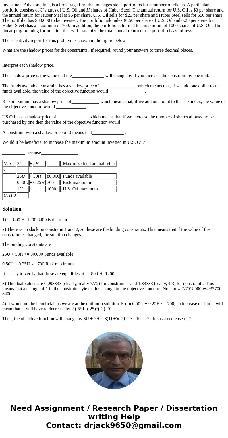 Investment Advisors, Inc., is a brokerage firm that manages stock portfolios for a number of clients. A particular portfolio consists of U shares of U.S. Oil an